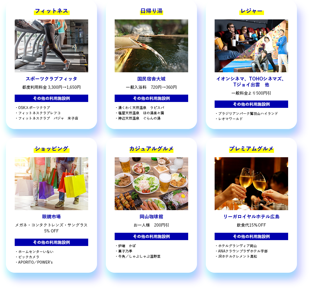 フィットネス スポーツクラブフィッタ 都度利用料金 3,300円→1,650円 その他の利用施設例 OSKスポーツクラブ フィットネスクラブレフコ フィットネスクラブ パジャ 米子店 日帰り湯 国民宿舎大城 一般入浴料 720円→360円 その他の利用施設例 湧くわく天然温泉 ラピスパ 塩屋天然温泉 ほの湯楽々園 神辺天然温泉 ぐらんの湯 レジャー イオンシネマ、TOHOシネマズ、Tジョイ出雲 他 一般料金より500円引 その他の利用施設例 ブラジリアンパーク鷲羽山ハイランド レオマワールド ショッピング 眼鏡市場 メガネ・コンタクトレンズ・サングラス 5% OFF その他の利用施設例 ホームセンターいない ビックカメラ APORITO/POWER’s カジュアルグルメ 岡山珈琲館 お一人様 200円引 その他の利用施設例 炉端 かば 菓子乃季 牛角/しゃぶしゃぶ温野菜 プレミアムグルメ リーガロイヤルホテル広島 飲食代15%OFF その他の利用施設例 ホテルグランヴィア岡山 ANAクラウンプラザホテル宇部 JRホテルクレメント高松